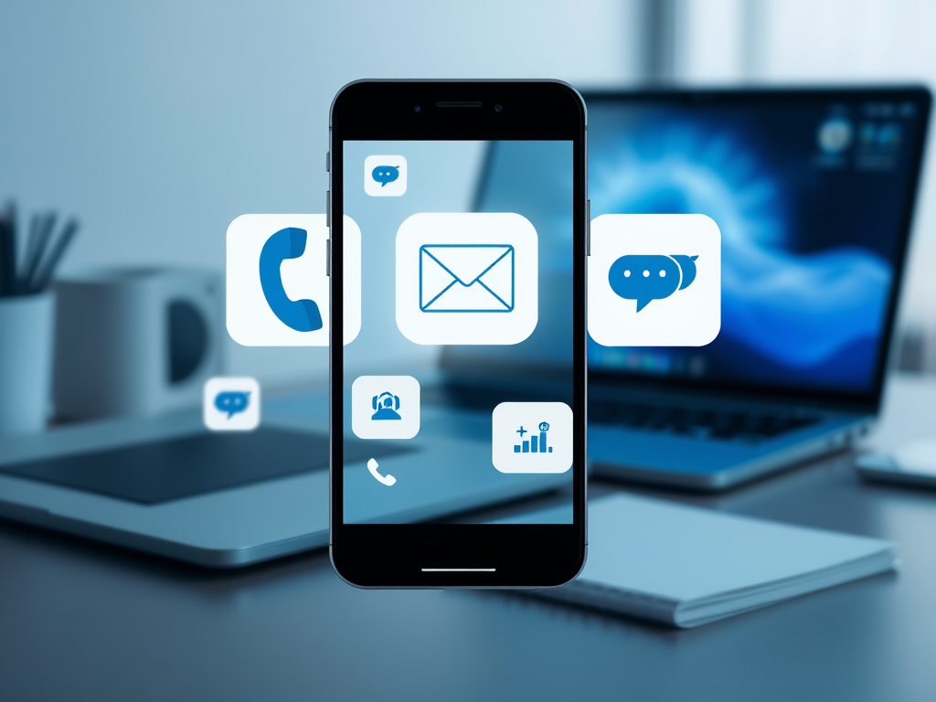 На изображении смартфон с иконками звонков, сообщений и электронной почты на фоне рабочего стола.