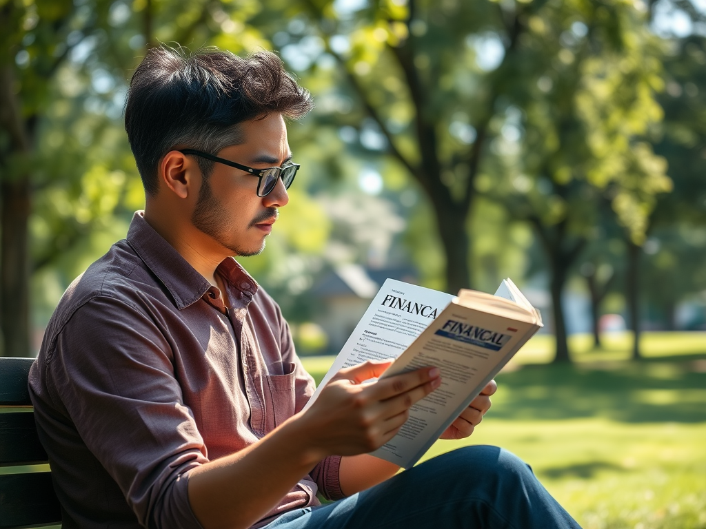 Молодой человек в очках читает книгу на скамейке в парке в солнечный день.