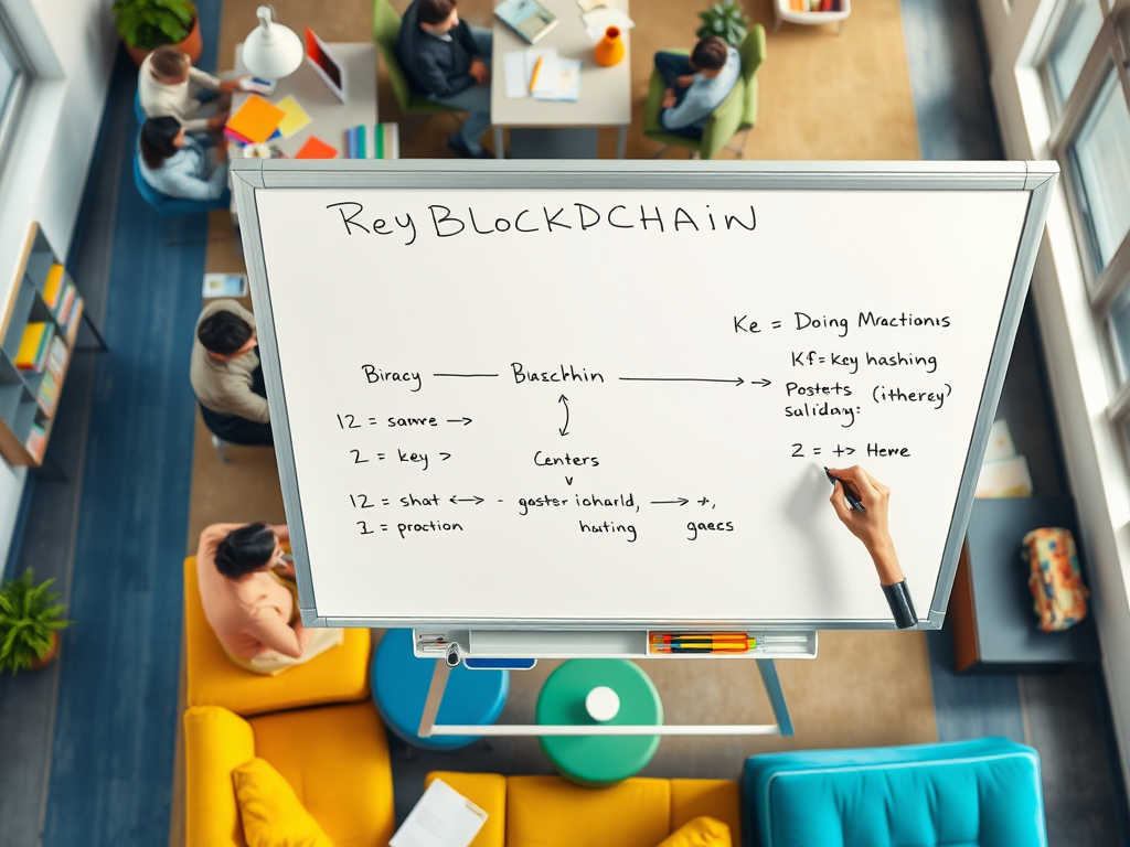 На доске записаны заметки о блокчейне и действиях, связанных с ключами и хешированием.