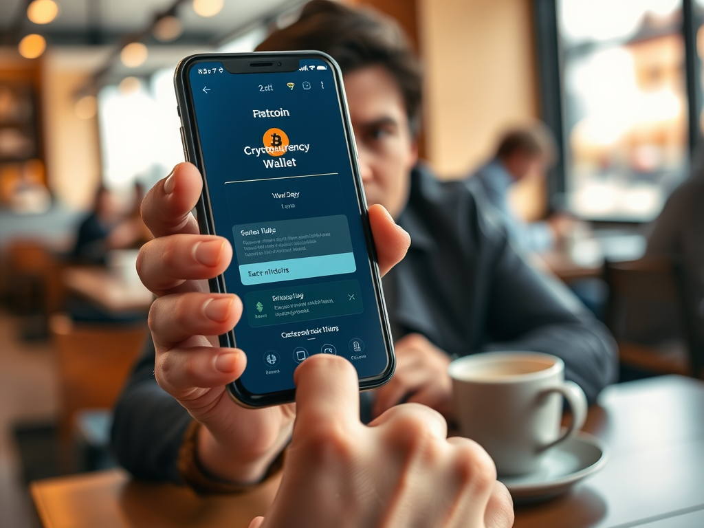 Человек в кофейне держит телефон, на экране - приложение для криптовалютного кошелька Patcoin.